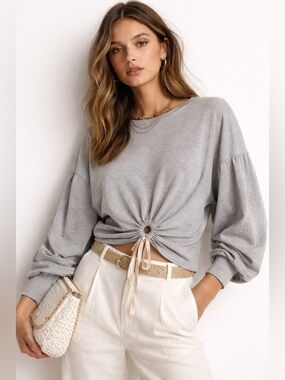 Zara Heather Gray Tie Front Puff Sleeve Top Crew Neck Small